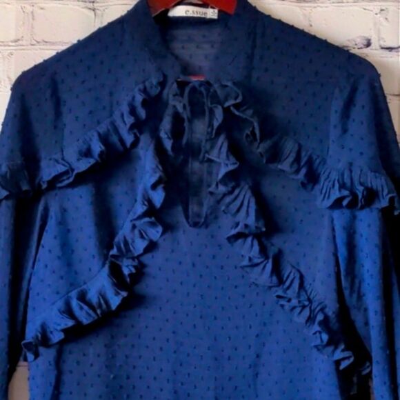 Midnight Blue Ruffled Top w/ Pleated Sleeve M - Picture 3 of 12